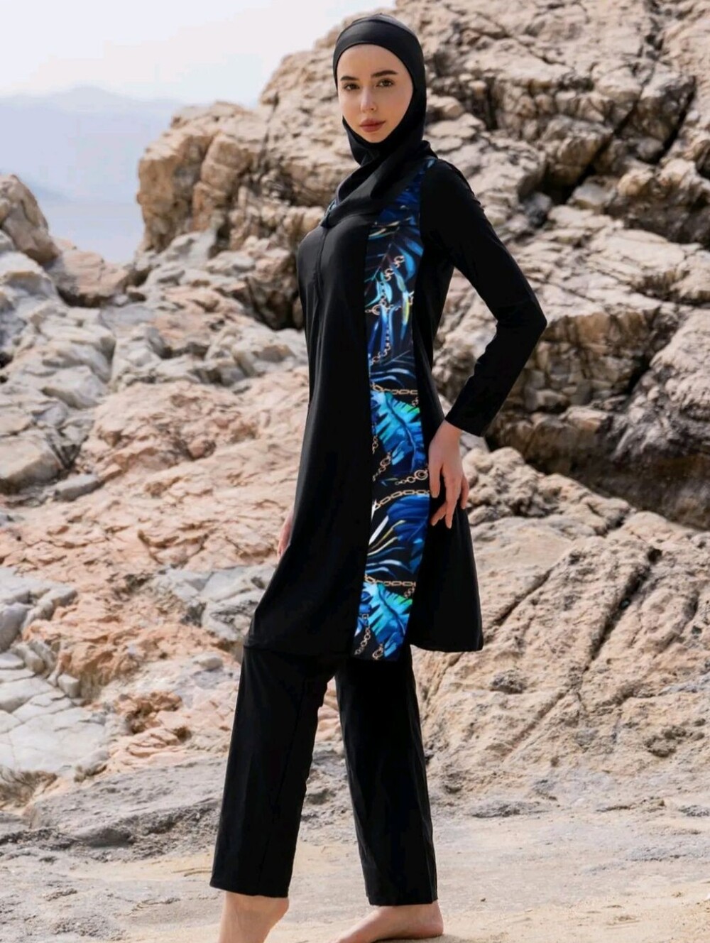 Modest Black Women's Burkini Set with Blue Patterned Sleeves - Picture 4 of 5